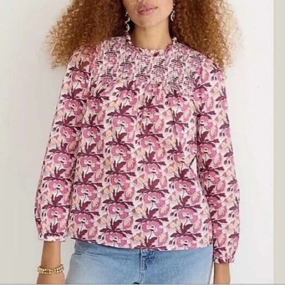 J.Crew X Liberty Smocked Button Butterfly Poppy Floral Organic Cotton Blouse S - Picture 1 of 16